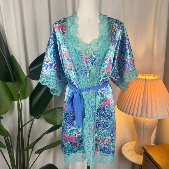 Vintage 80s/90s Jessica Intimates Floral Slip Dress & Robe Set sz M/L - Picture 1 of 11